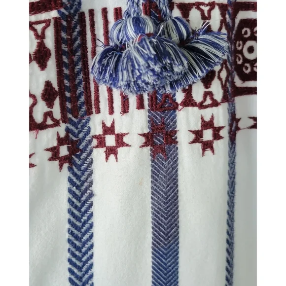 Figue Bria Cotton Tassel Boho Mini Dress Sz S Blue White Burgundy - Picture 12 of 16